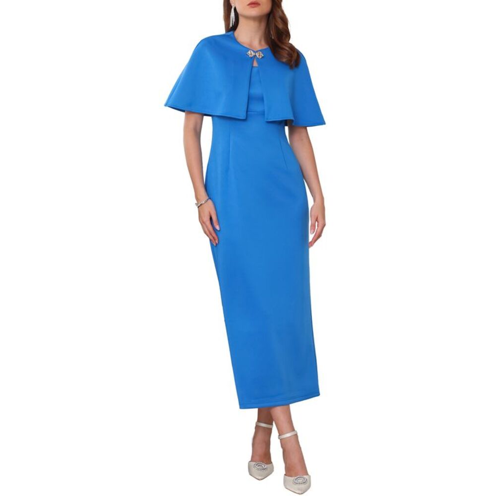 Women's 2 Piece Suit Sets Elegant Cocktail Sheath Dress with Cape Grey Blue